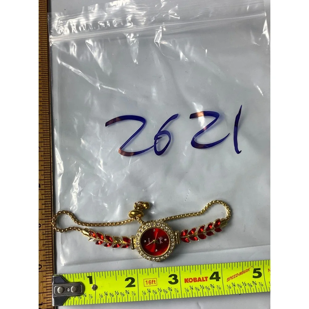 Glake Womens Gold Tone Red Dial Rhinestone Leaf Bolo Bracelet Quartz Watch 2621